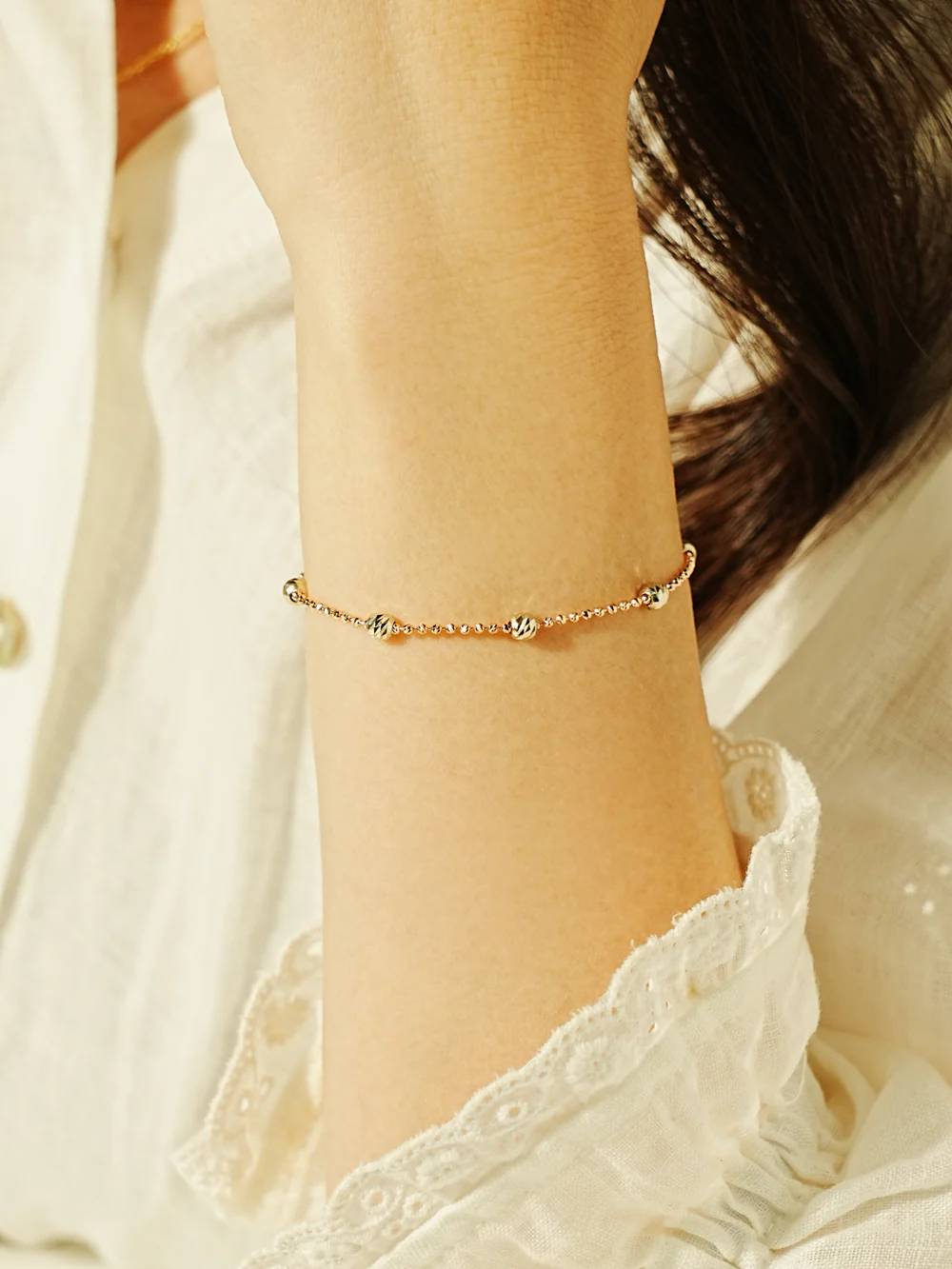 14K Two Tone Cutting Ball Chain Anklet Bracelet - Image 3
