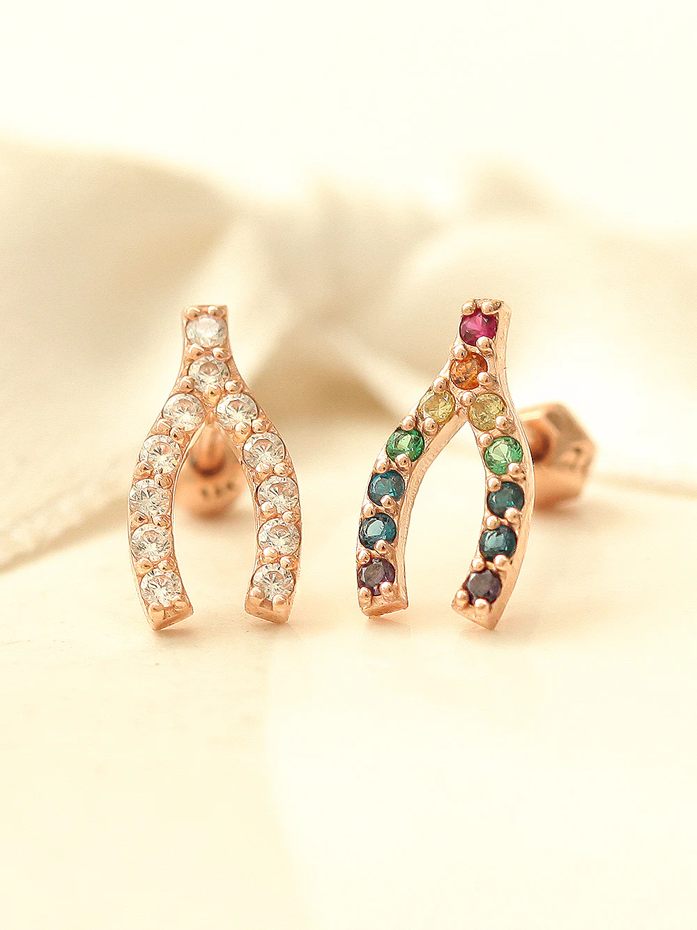 14K Gold Rainbow Wish Bone Cartilage Earring 18G16G