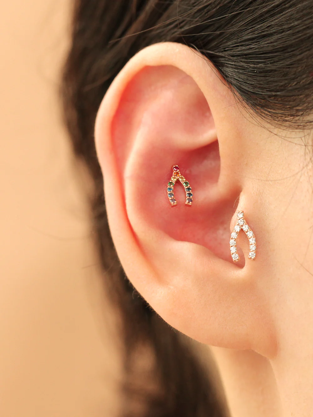 14K Gold Rainbow Wish Bone Cartilage Earring 18G16G - Image 6