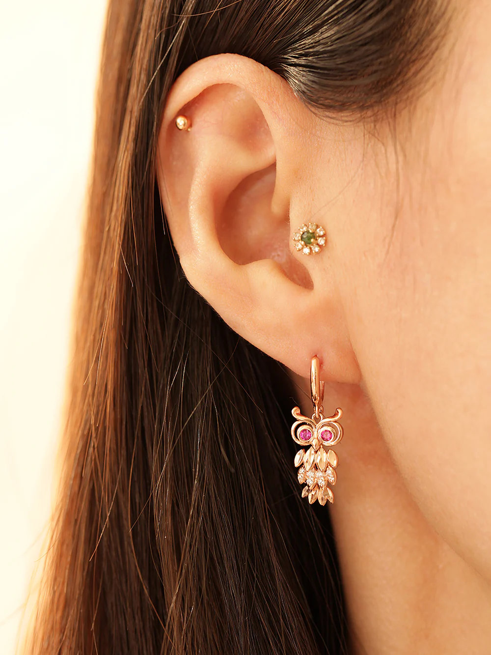 14K 18K Gold Owl Hoop Earring - Image 8