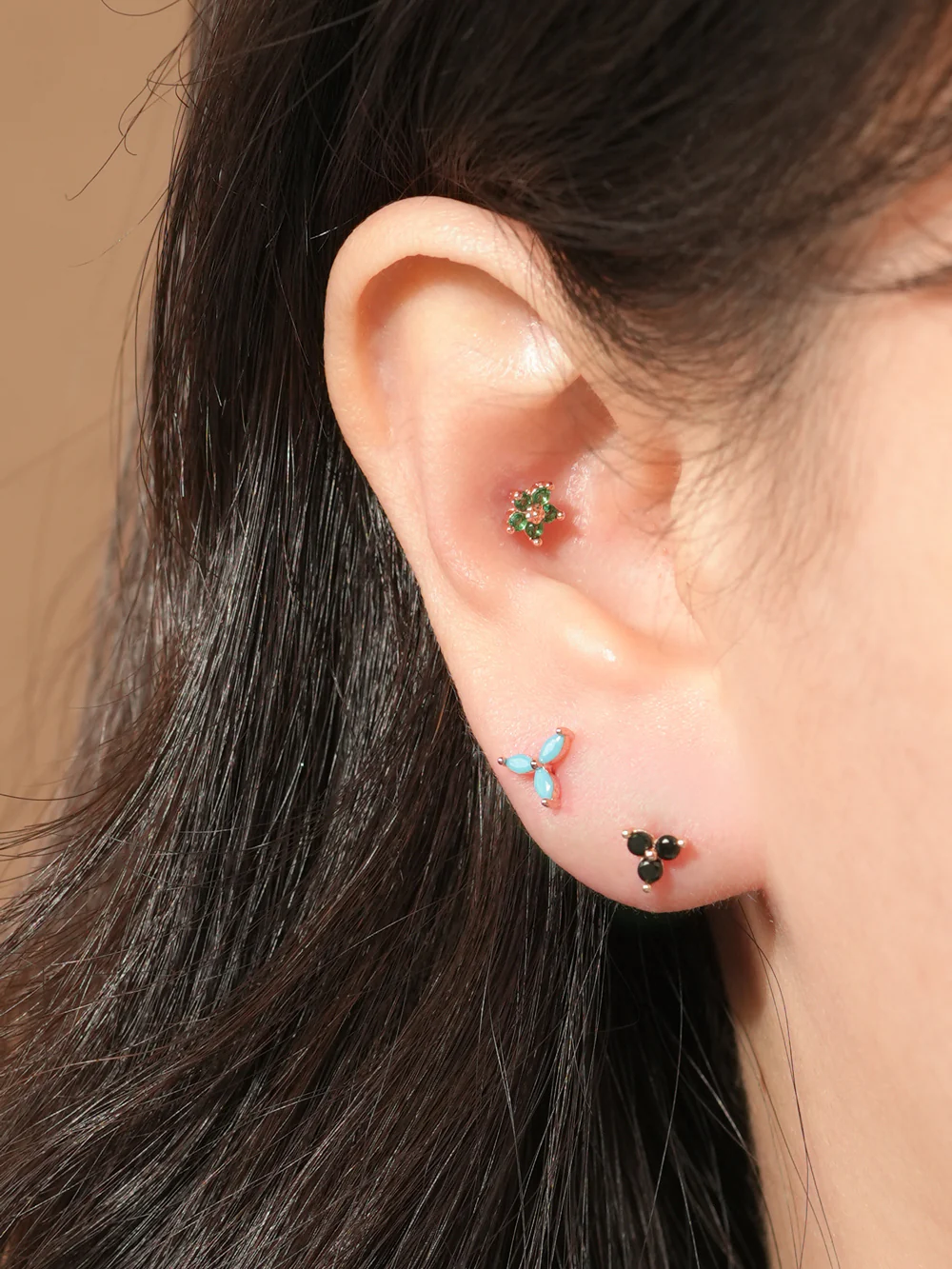 14KGF Colorful Triple Leaf Earring 20G - Image 2