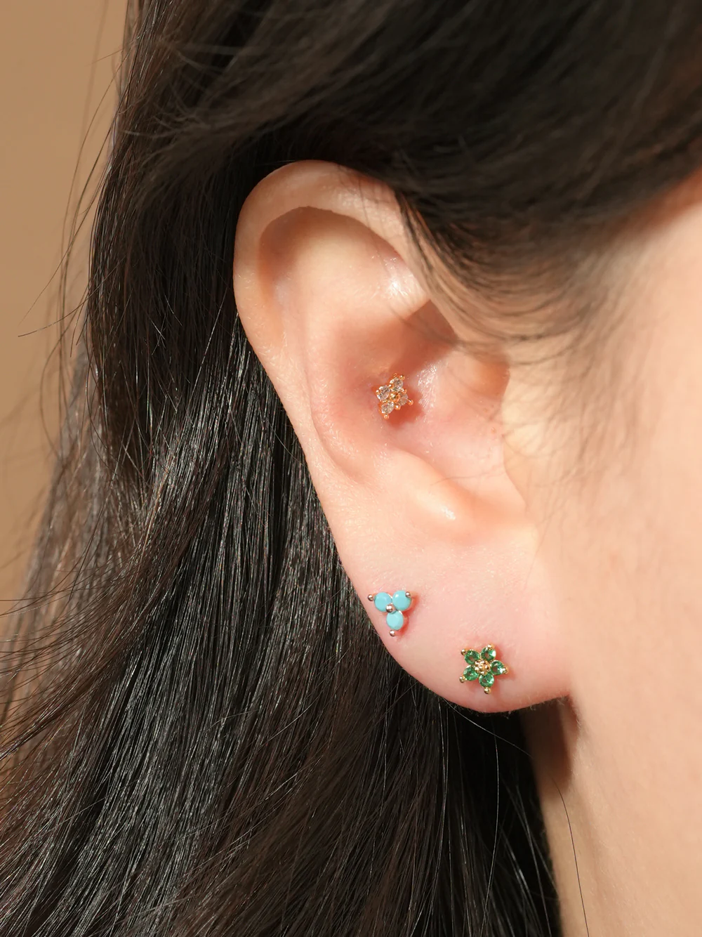 14KGF Colorful Triple Leaf Earring 20G - Image 3