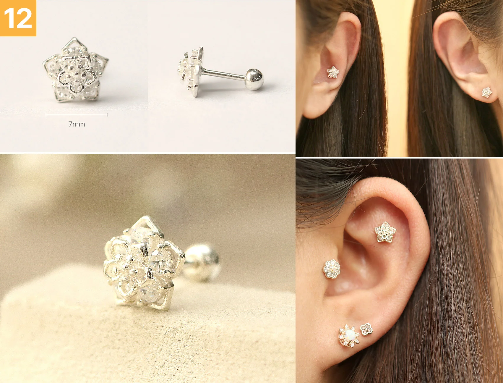 925 Silver Flower Cartilage Earring 20G - Image 13