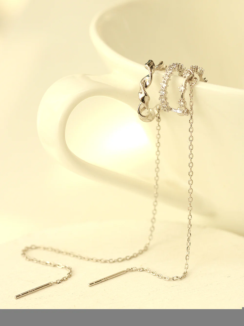 925 Silver Long Chain Cubic Ear Cuff - Image 8