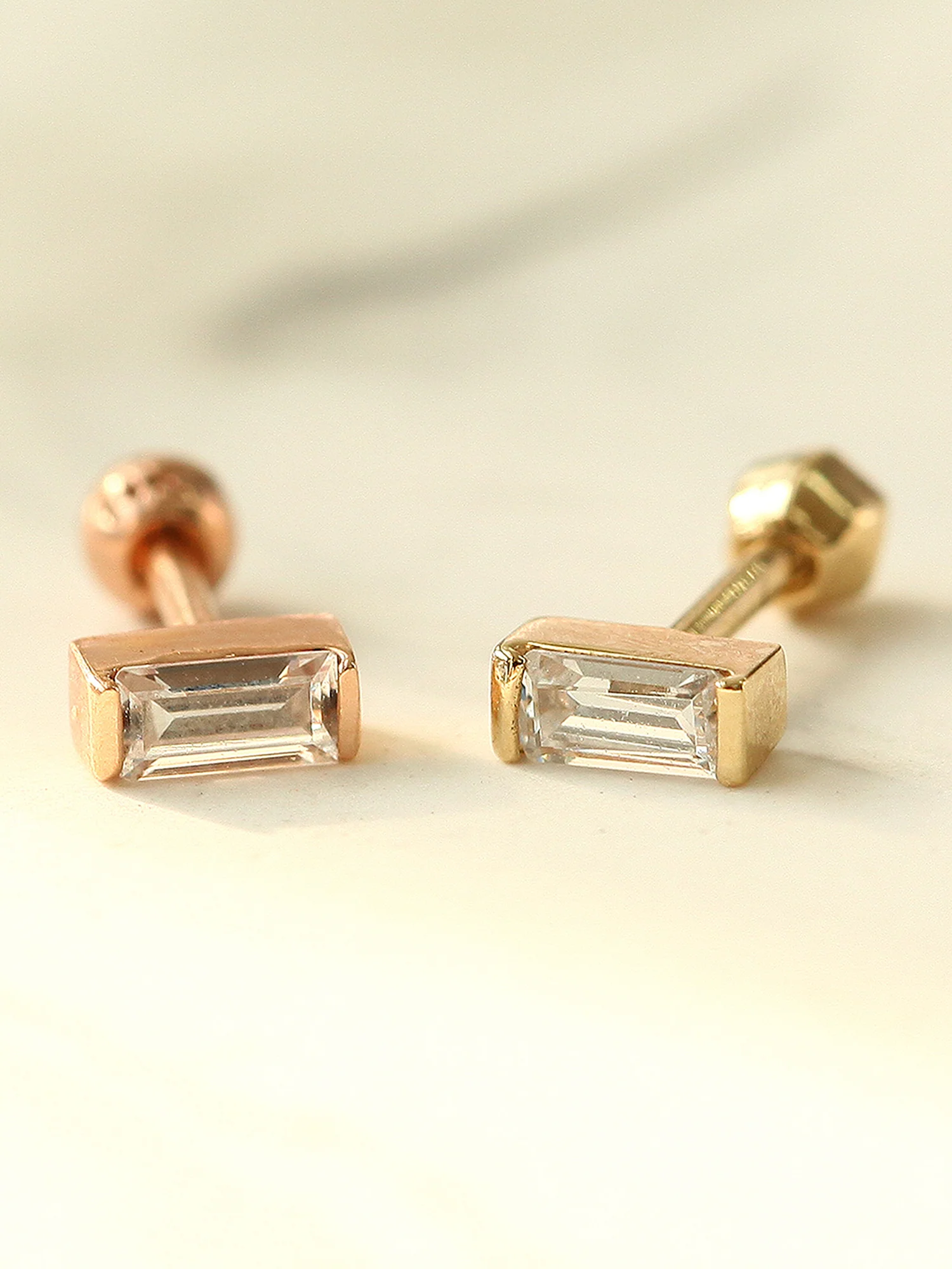 14K Gold Baguette CZ Bar Cartilage Earring 18G16G
